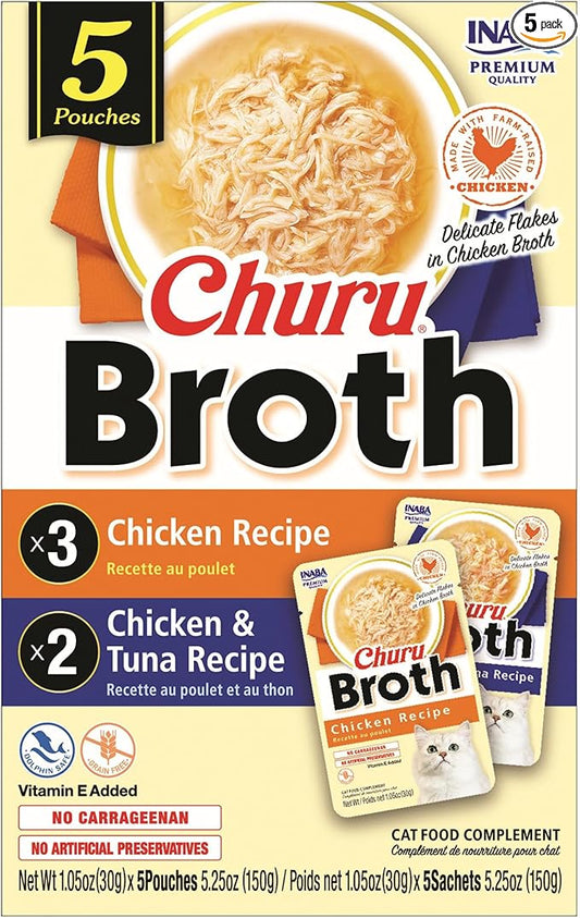 INABA Churu Broth for Cats, Creamy Broth with Shredded Chicken Side Dish Pouch, 1 Ounce per Pouch, 5 Pouches, Chicken & Tuna Variety Pack
