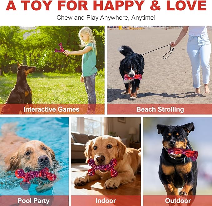 Kseroo Indestructible Dog Toys for Aggressive Chewers: 3-Pack Beef Flavored Hard Nylon Dog Chew Toys for Medium & Large Dogs(25-90lbs), Tough Super Chewer Dog Bones Toys to Keep Them Busy, Red