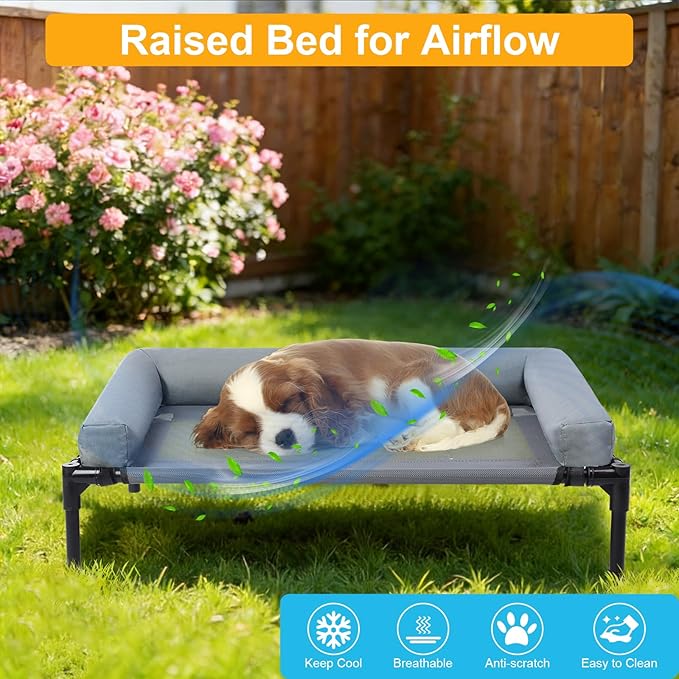 34'' Cooling Elevated Dog Bed with Pillow,Outdoor Indoor Raised Dogs Bed with Four Ice Pack, Breathable Dog Cot Beds with Teslin Small Medium Size Dogs,Outdoor Pet Hammock Bed, Outside Pet Beds(Small)