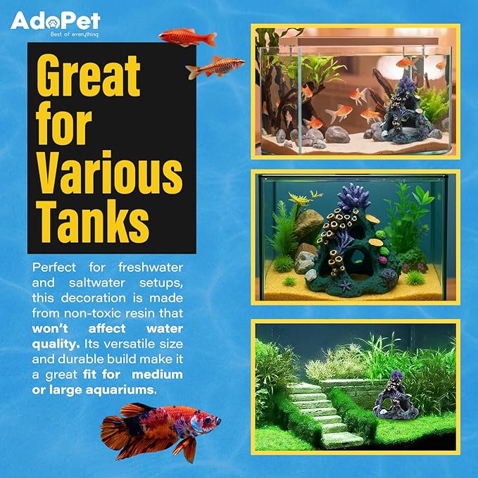 Coral Reef Aquarium Decoration 5.9" – Colorful Resin Fish Tank Ornament with Multiple Hiding Spots, Safe Shelter for Small and Medium Aquariums, Stress-Relief Underwater Decor, Easy to Clean