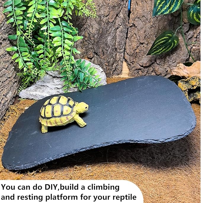 Reptile Basking Platform 13.5''x8.0'' Turtle Rock Slate Feeding Bowl Food Dish Feed Plate Tortoise Bathing Resting Slab for Lizard Gecko Bearded Dragon Chameleon Snake Frog