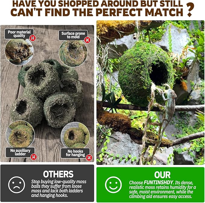 Moss Cave Hideout with Hanging Rope & Hemp Climbing Ladder – Natural Reptile Tank Decor Accessories for Crested Geckos, Chameleons, Tree Frogs, Leopard Geckos & Snakes. Terrarium & Vivarium Decor (6")