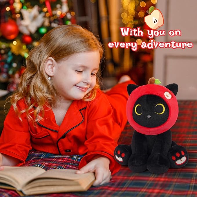Black Cat Plush - 8inch Cute Stuffed Cat with Red Apple Hood, Teacher Gift Soft Kitten Plushie Toy for Kids Boys Girls, Creative Fruit Plush,