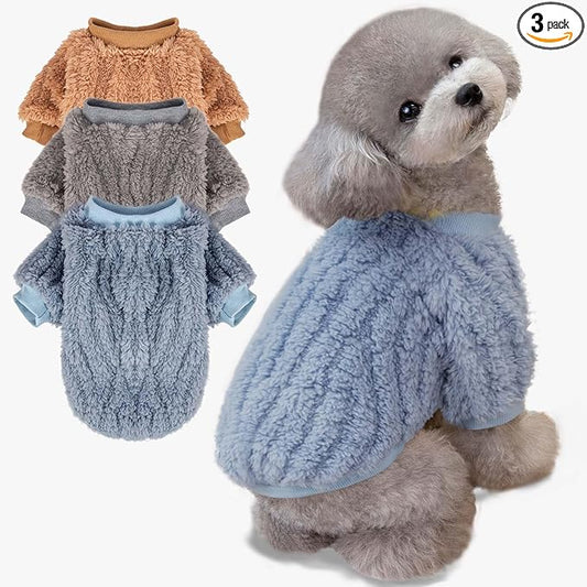 FabriCastle Small Dog Sweaters, 3-Pack Dog & Cat Clothes, Ultra Soft and Warm Pet Jackets for Small Dogs Boy & Girl, Winter Pet Apparel Costumes, Puppy Outfits (Blue,Grey,Doe, Large)
