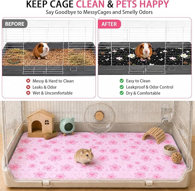 Guinea Pig Cage Liner 2 Pack Super Absorbent Washable Guinea Pig Pee Pads Waterproof Reusable Anti Slip Bedding Pee Pad Mat for Rabbit Bunny Rat Cat (Flowers, 28" x 14" (2 Pack))