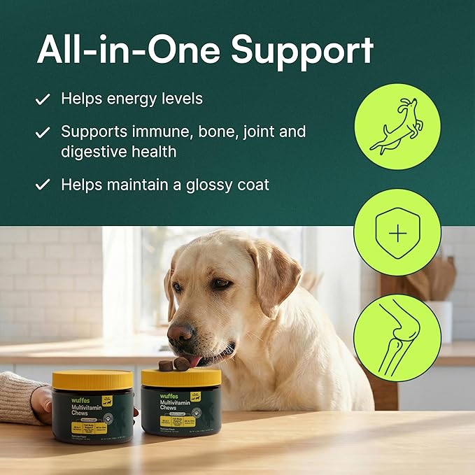 Wuffes 23-in-1 Dog Multivitamin Soft Chews Skin & Coat, Immune + Gut Health Support - Vitamins & Minerals with Omega-3, Iron & Zinc for Puppies & Senior Dogs, 30 Ct