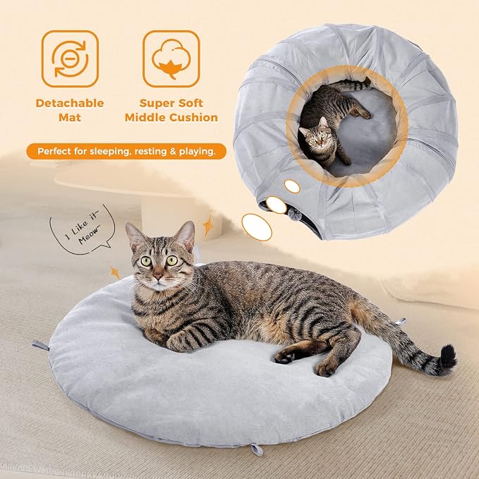 PAWZ Road Donut Cat Tunnel Bed with Center Mat, Peek Hole & Hanging Balls | Large Collapsible Cat Tunnel Donut with Soft Center Mat, Peek Hole, Interactive Hanging Ball, Cat Play Tunnel for Indoor Cats