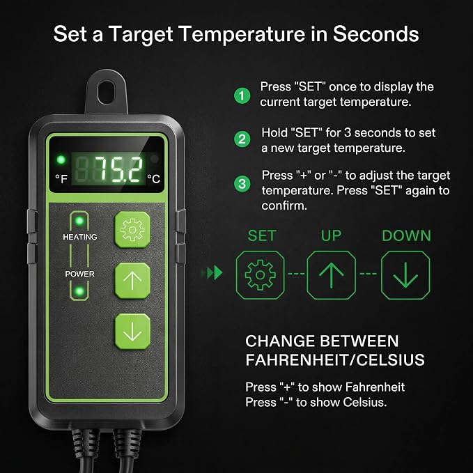 Digital Temperature Controller Thermostat, Heating & Cooling Outlet with LCD Touchscreen NTC Probe, 40–108°F, 110V for Reptile Tank, Seedling Heat Mat, Greenhouse, Fermentation