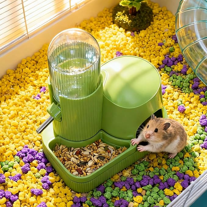 3 in 1 Hamster Water Bottle No Drip Automatic Water Dispenser with Food Bowl Container & Hideout Base Hut for Dwarf Hamster Mouse Rat Gerbils Mice Cage Accessories (Green)