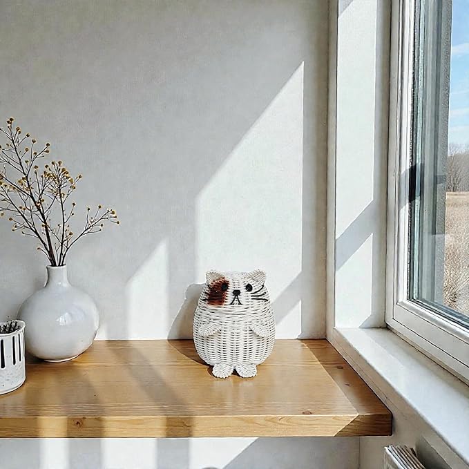G6 COLLECTION Cat Rattan Storage Basket With Lid Decorative Bin Home Decor Hand Woven Shelf Organizer Cute Handmade Handcrafted Nursery Gift Animal Art Decoration Artwork Wicker Kitten