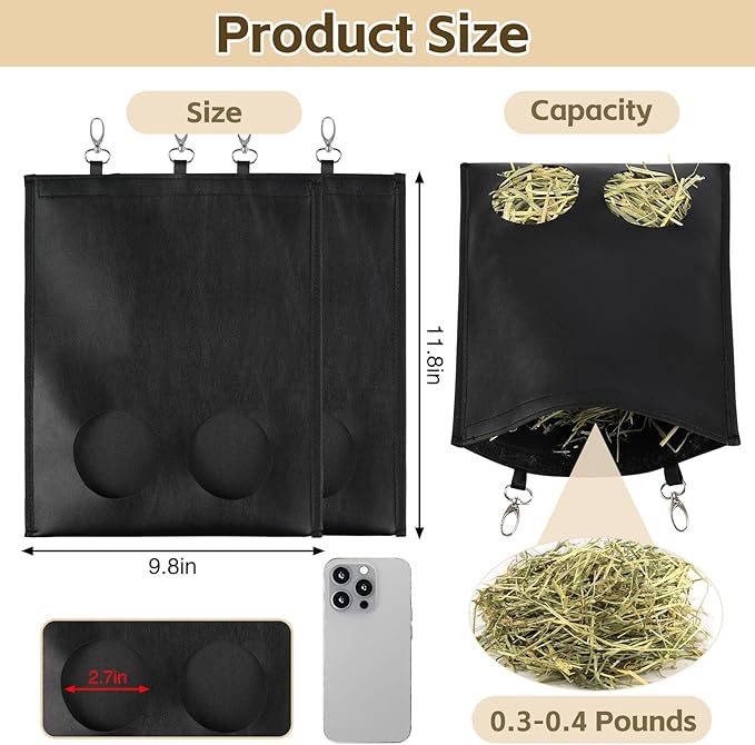 2Pcs Hanging Hay Feeder Bag for Guinea Pigs, Capacity of 0.35 Pounds of Hay, 11.8 x 9.8 Inch Bilayer Harmless Artificial Leather, 2-Hole Washable Hay Feeding Pouch for Small Rabbit, Chinchillas