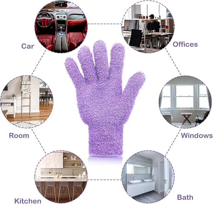 Patelai 2 Pairs Microfiber Gloves for plants Dusting Cleaning Glove Mittens House Cars Blinds Dusting(Light Blue, Violet,Large)