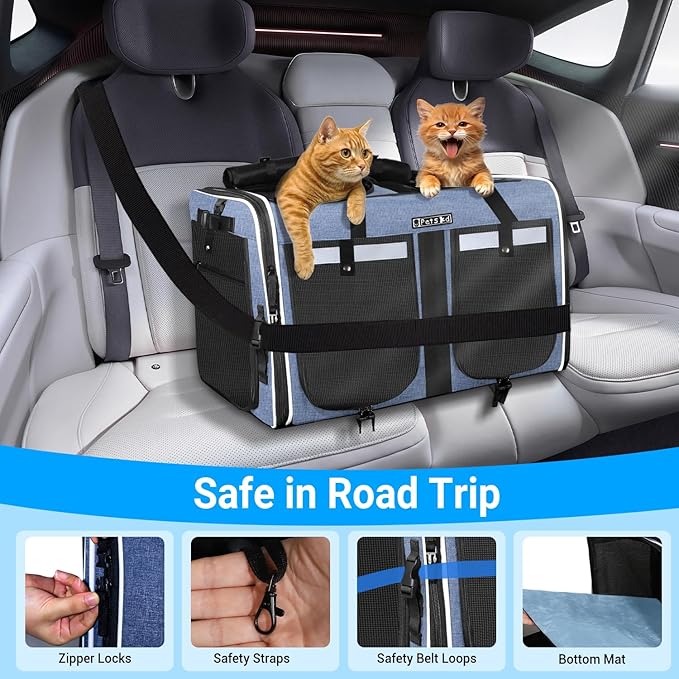 Petskd Extra Large Double Pet Carrier with Wheels for 2 Cats or a Medium Dog, 24" X 17" X 15" Soft-Sided Rolling Cat Carrier for Vet, Car Travel, and Home Use, Support up to 40 Lbs, Blue
