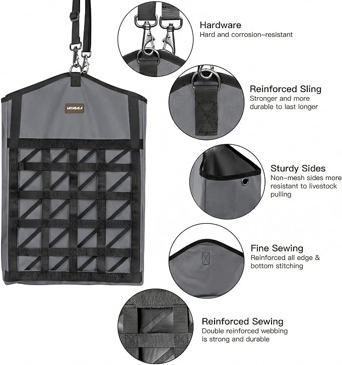 Ultra-Slow Feed Hay Bag for Horses, 3 Packs Hay Bags with Net Front Design,Wide Opening for Easy Filling,Two Types of Hanging for Feeding Goats, Sheep and Donkeys (1 Black+2 Grey)