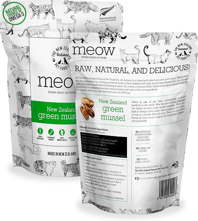 The New Zealand Natural Pet Food Co. Meow Freeze Dried Cat Treats - New Zealand Green Mussel, High Protein, Healthy Cat Snacks and Toppers, All Natural for All Life Stages, 1.76 oz