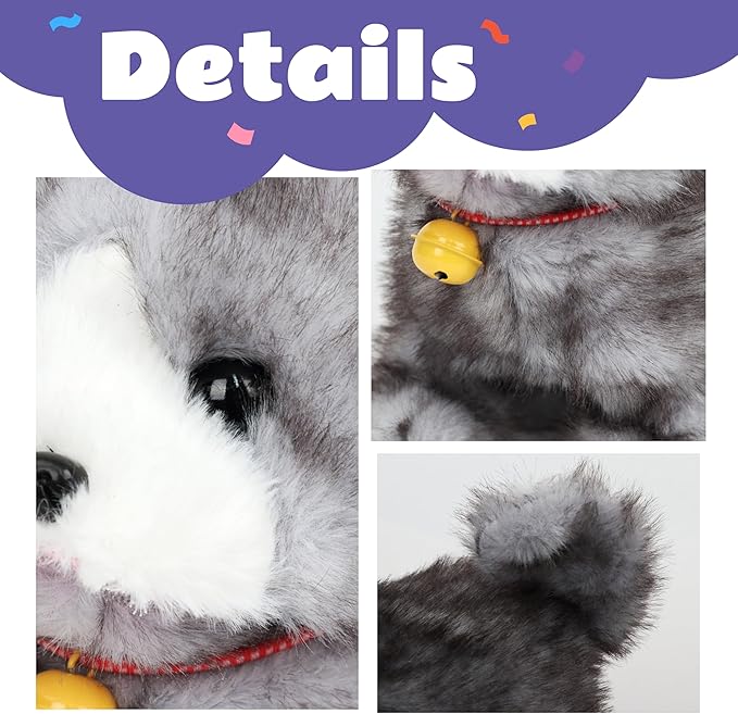 Walking Grey Cat Stuffed Animal Talking Wagging Nodding Educational Plush Toy Electric Interactive Animated Plushies for Girls Boys Birthday
