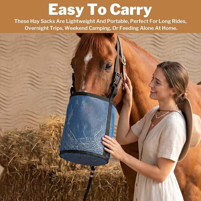 3 Pack Horse Feed Bag for Grain, Blue PVC Mesh Feed Bags for Horses with Adjustable Strap, Durable Feeder for Camping or Stable Use