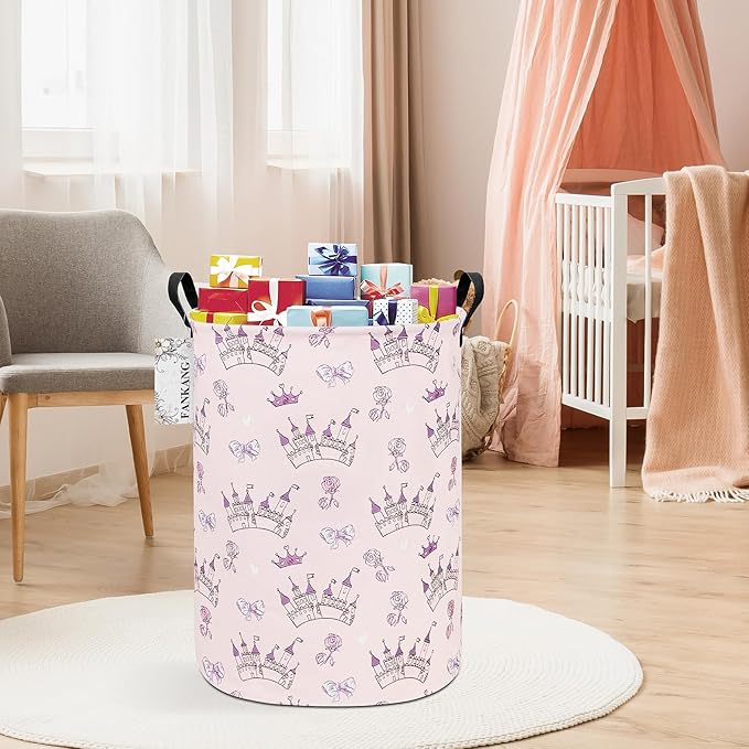 Storage Basket, Nursery Hamper Canvas Laundry Basket Foldable with Waterproof PE Coating Large Storage Baskets for Kids Boys and Girls, Office, Bedroom, Clothes,Toys(Princess Castle)
