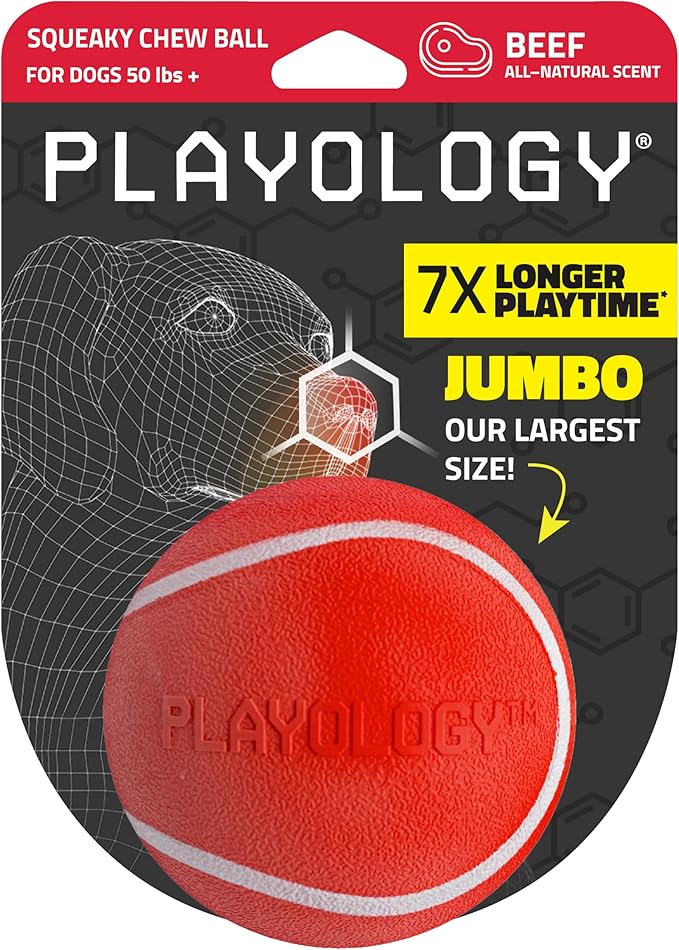 Playology Dog Toys | Squeaky Chew Ball for Large Dogs | Beef Scented Jumbo Dog Ball | Bouncy Floating Chew Toys for Fetch
