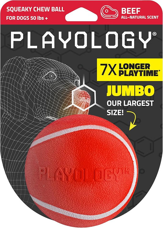 Playology Dog Toys | Squeaky Chew Ball for Large Dogs | Beef Scented Jumbo Dog Ball | Bouncy Floating Chew Toys for Fetch
