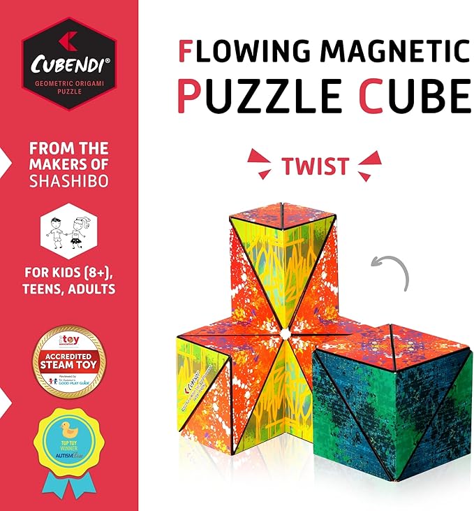 CUBENDI Geometric Origami Puzzle - Infinity Fidget Cube for Adults, Kids & Teens – Mesmerizing & Magnetic Shape Shifting Box w/48 Rare Earth Magnets - by Fun in Motion Toys (Twist)