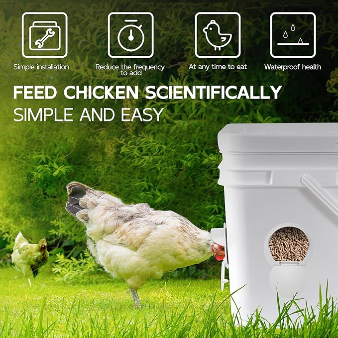 Chicken Feeder Port 8 Pack - No Waste DIY Poultry Feeding Kit with Stopper Lid & Hole Saw, Reusable Rain Proof Automatic Coop Gravity Feeder for Hens Ducks Geese (White)