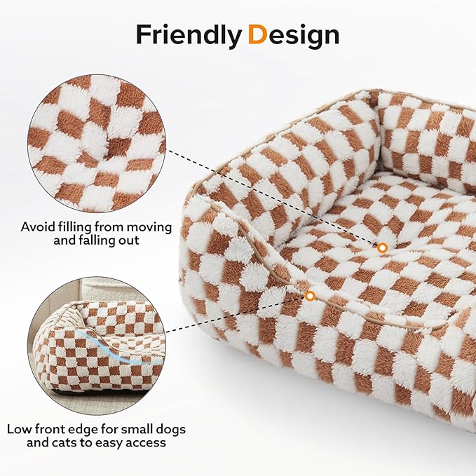JOEJOY Dog Bed for Large Medium Small Dogs - Rectangle Orthopedic Dog Sofa Bed, Cute Modern Puppy Bed with Jacquard Shaggy Plush & Anti Slip Bottom, 35x25x10inches, Brown