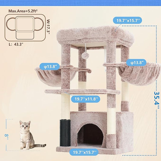 Hey-brother Cat Tree Tower with Extra Large Platform, Spacious Condo, 2 Cozy Hammocks, Self-Grooming Brush, Sisal Scratching Posts for Big Indoor Adult, Maine Coon, 35.4 Inches, Muchroom MPJ060MU