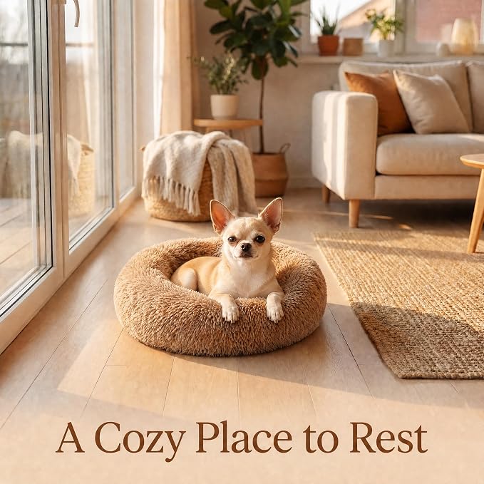 Tiny Dog Bed 15 Inch for Extra Small Dogs,Washable Puppy Bed,Soft Faux Fur Calming Donut Bed for Chihuahua Yorkie Maltese Pomeranian,Brown