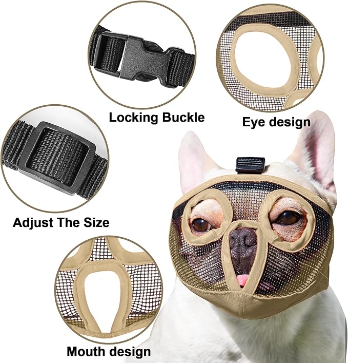 Short Snout Dog Muzzles- Adjustable Breathable Mesh Bulldog Muzzle for Biting Chewing Licking Training Grooming Dog Mask (Khaki, X-Large/ 18"-25")