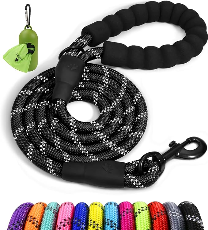 Taglory Rope Dog Leash 5 FT with Comfortable Padded Handle, Highly Reflective Threads Leash and Anti-Tangle Clip for Walking Medium Large Dogs, 1/2 inch, Black