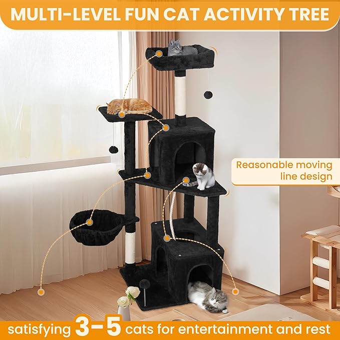 54-Inch Cat Tree Tower with 2 Caves & 2 Pompoms - Multi-Level Tower for Indoor Cats, Soft Plush Condo with Scratching Posts - Sturdy Base for Large Cats(Black)