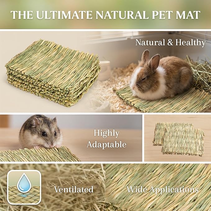 Sukh 3PCS Natural Rabbit Grass Mats - Hand Woven Hay Cage Bed Mat, Pet Cooling Sleeping Nest & Chew Toys for Bunny Hamster Chinchilla Guinea Pig Mouse Bird Small Animals