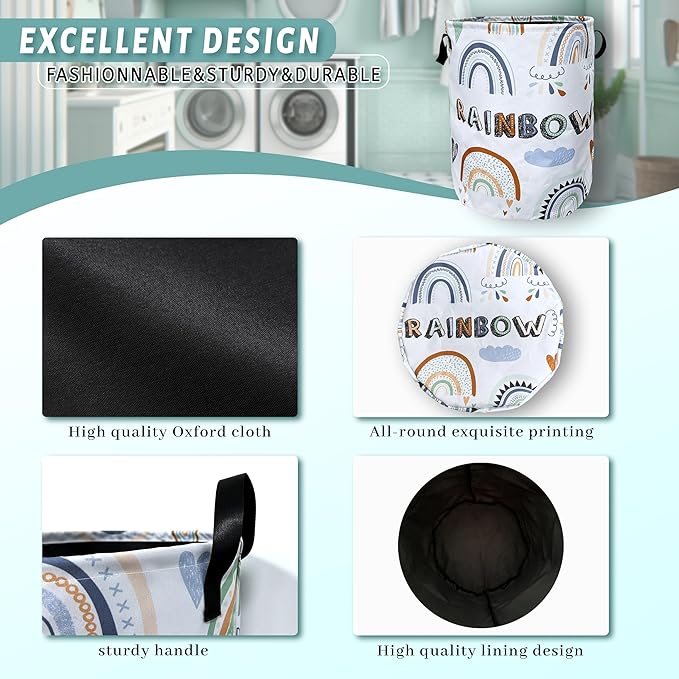Cute Boho Rainbow Laundry Basket Foldable With Handles Colorful Tote Bag Oxford Cloth Laundry Hamper Clothes Storage Bucket Toy Organizer 18.9"x16.5" For Bathroom/Laundry/Bedroom