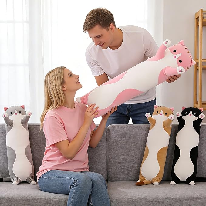 Cute Cat Plush Long Body Pillow – Soft Cartoon Stuffed Animal Doll, Kawaii Cat Plushie Cuddle Toy for Kids, Girls & Girlfriend (Brown, 43.3 Inch)