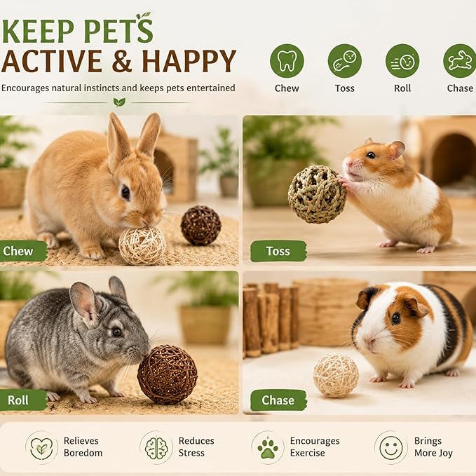 Skylety 15 Pieces Bunny Chew Balls for Rabbits, Small Animal Rolling Grass Toys and Treats for Guinea Pigs, Chinchillas, Hamsters, Mice, Teeth Grinding, Gnawing and Play(Classic Style,1.97")