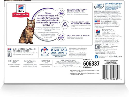 Hill's Science Diet Adult Sensitive Stomach & Skin Wet Cat Food Variety Pack, Chicken & Beef, Salmon & Tuna, 2.8 oz. Pouches, 12-Pack