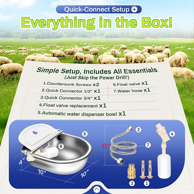 Ademon Automatic Animal Drinking Water Bowl with Float Valve, Standard Pipe, Stainless Steel Waterer Feeder Farm Dog Dispenser Kit Self Filling for Livestock Horse Goat Water Trough