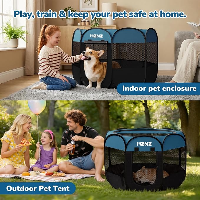 Dog Cat Playpen, Portable Puppy Pet Crate Indoors for Small/Medium Dogs Cats Rabbits, Foldable Dog Cage Enclosure for Outdoor, Pop Up Dogs Tent Kennel with Carrying Case, Blue Black