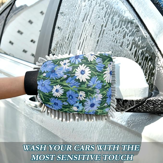 Car Wash Mitt Microfiber Wash Mitts for Car Washing Scratch-Free Cleaning Gloves Soft Non Absorbent Chenille Auto Hand Mitt Large 2Pack Cornflower Green Leaves