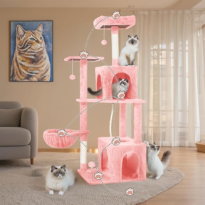 54-Inch Cat Tree Tower with 2 Caves & 2 Pompoms - Multi-Level Tower for Indoor Cats, Soft Plush Condo with Scratching Posts - Sturdy Base for Large Cats(Pink)