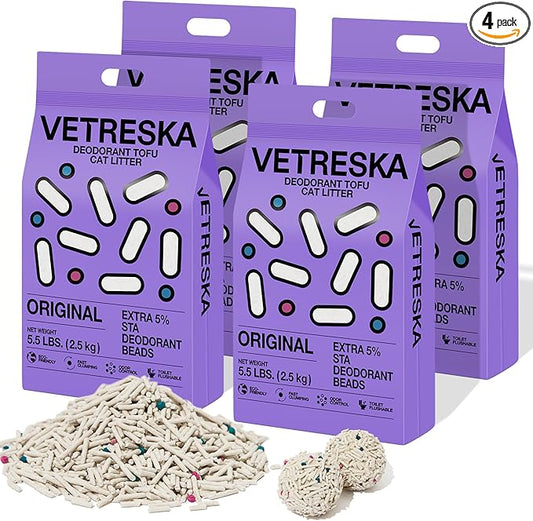 VETRESKA Tofu Cat Litter,Natural Kitty Litter Strong Clumping Flushable Cat Litter Pellets Ultra Absorbent,Odor Control,Dust-Free,Low Tracking Eco-Friendly Tofu Litter,Original(5.5lb×4bags)