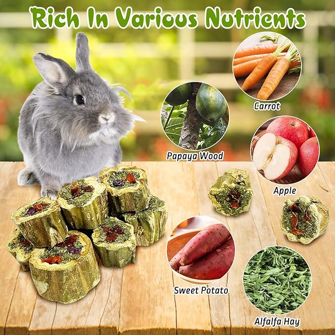 PINVNBY Rabbit Chew Toys Natural Papaya Wood Bunny Treats with Grass Carrot Apple and Sweet Potato Guniea Pig Molar Snacks for Hamster Chinchilla Gerbil Small Animals Teeth Grinding (3.52 oz)