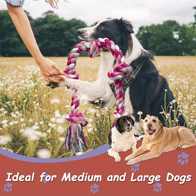 Lmlpt Dog Rope Toy for Large Aggressive Chewers, Heavy Duty Rope Chew Toy Indestructible Tough Tug of War Pink Dog Toys,3 Feet 5 Knots Interactive Cotton Ropes Toys for Large Breeds Teeth Cleaning