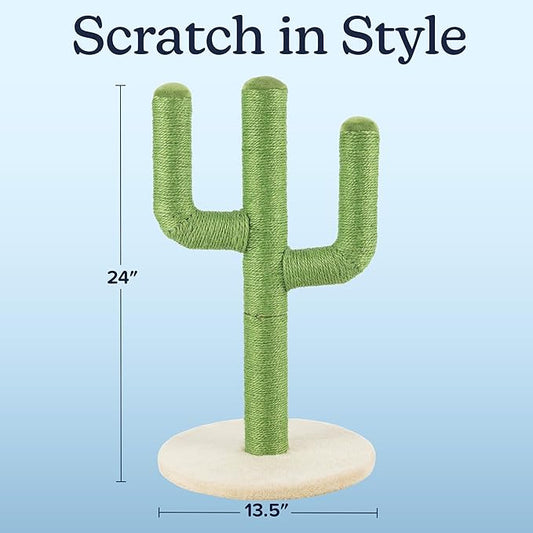 24” Tall Cat Scratching Post - Vertical Cactus Scratch Post for Indoor Cats - 360 Degree Jute Rope-Covered Kitten Scratcher with 3 Branches and Sturdy Base by PETMAKER (Green)