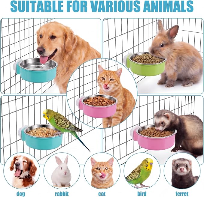 Mimorou 12 Pcs Crate Bowls Bulk Puppy Dog Bowls for Kennel Removable Stainless Steel Crate Water Bowl Kennel Hanging Food Feeders Coop Cup for Cat Puppy Rabbit Birds Ferret Guinea Pigs