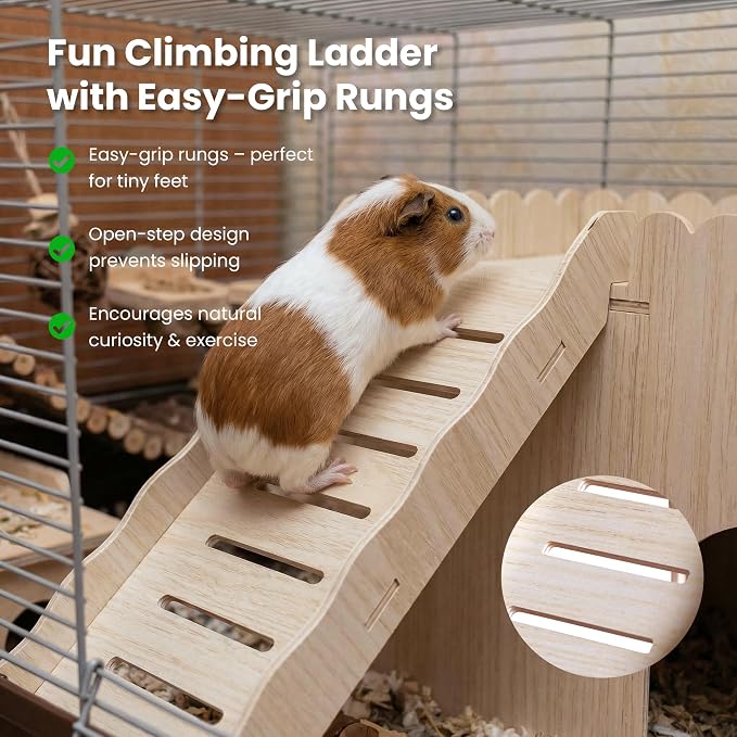 Extra Large Guinea Pig Hideout Wooden Bunny Climbing Toys Castle House with Ramp and Feeder, Enrichment Accessories for Rabbit, Chinchilla, Hamster, Hutch Cages for Small Animals