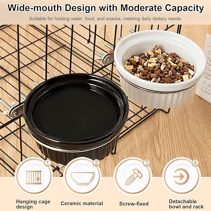 Rabbit Hanging Ceramic Bowl, Removable Cage Feeder Thick Ceramic Bowl with Stainless Steel Support Pet Water Food Bowl for Small Animal Chinchilla Ferret Guinea Pig Cat (4.92 * 1.97”) (Black-2 Pack)