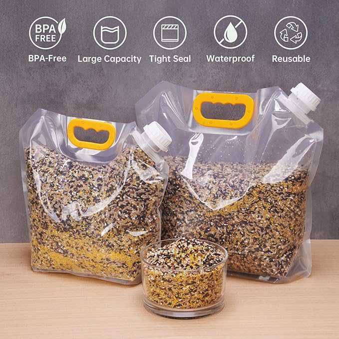NiHome 3-Pack Bird Food Storage Bags for Birdseed, Sunflower Seeds, Nuts, Thistle Seeds, Pet Food, 10L/5L/2.5L Multi-Size Set with Funnel, Portable Handle and Easy-Pour Spout for Indoor & Outdoor Use