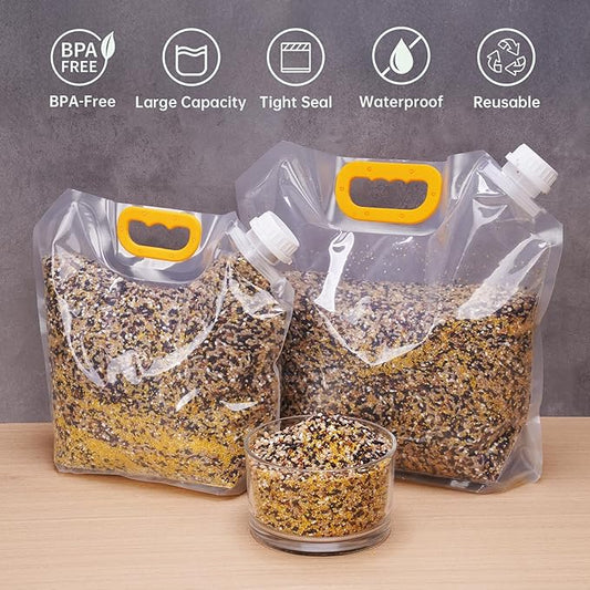 NiHome 3-Pack Bird Food Storage Bags for Birdseed, Sunflower Seeds, Nuts, Thistle Seeds, Pet Food, 10L/5L/2.5L Multi-Size Set with Funnel, Portable Handle and Easy-Pour Spout for Indoor & Outdoor Use